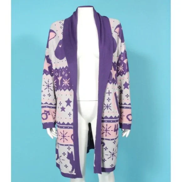 Sailor Moon Luna TORRID Fairisle Open Cardigan Sz 1 Pockets Pink/Grey/Purple 062 - Picture 2 of 5